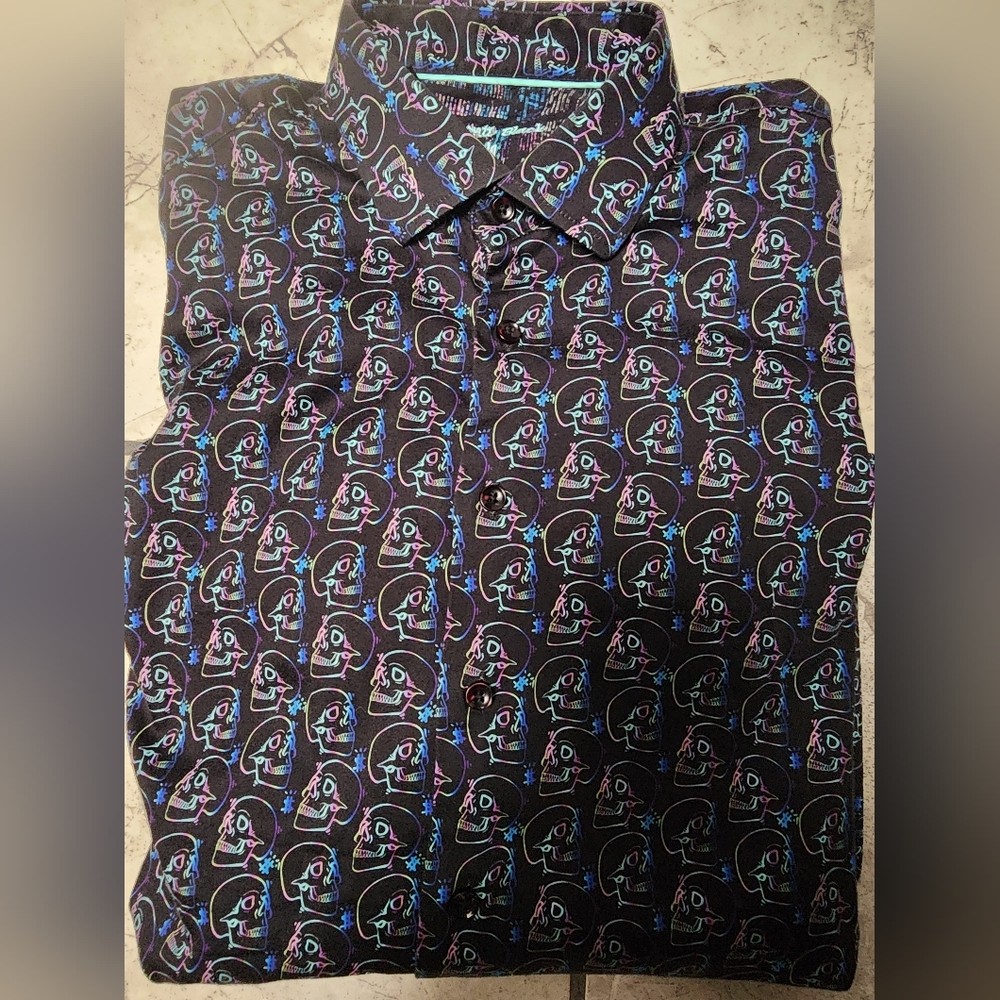 Stylish Black Shirt with Blue and Pink Skull Design